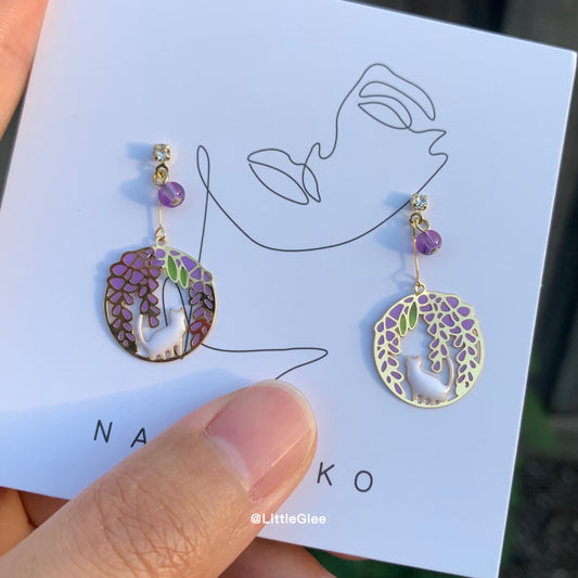 Wisteria Garden Cat Enamel Hand Painted Earrings (S925 Post)