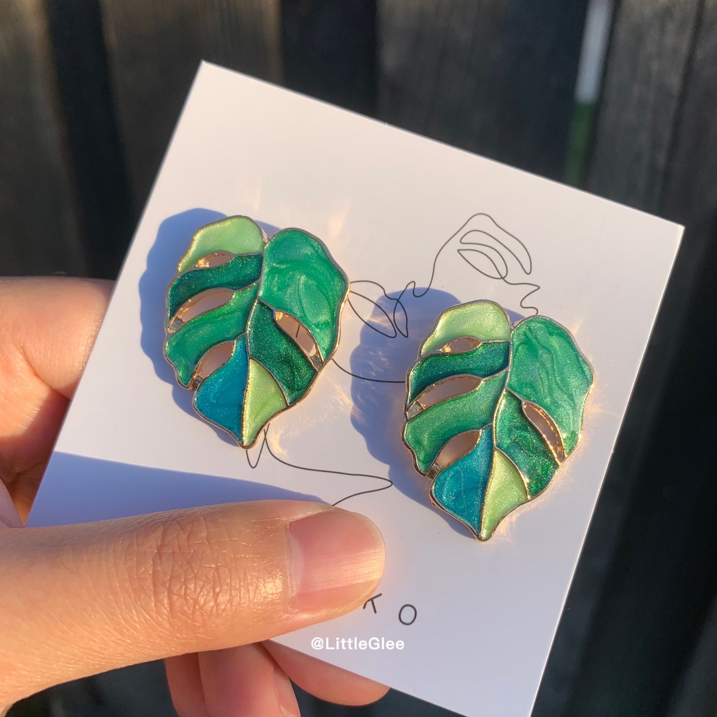 Variegated Monstera Enamel Leaf Drop Pendant Curve Earrings (S925 Post) #Green Blue