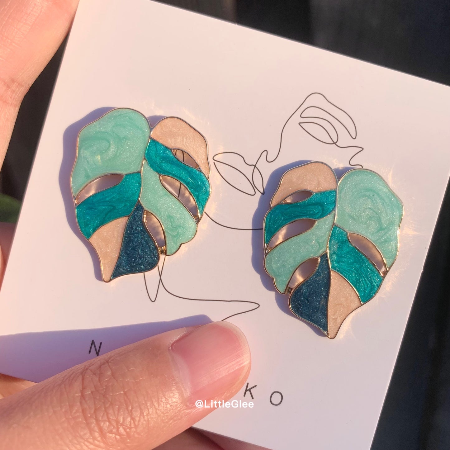 Variegated Monstera Enamel Leaf Drop Pendant Earrings (S925 Post) #Blue Pink
