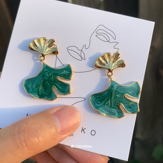 Gingko Enamel Hand Painted Earrings (Alloy With Gold Cover Post)