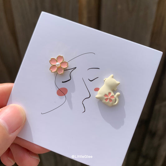 Asymmetric Pink 'Enamel Cat' & 'Metal Sakura' Earrings (S925)