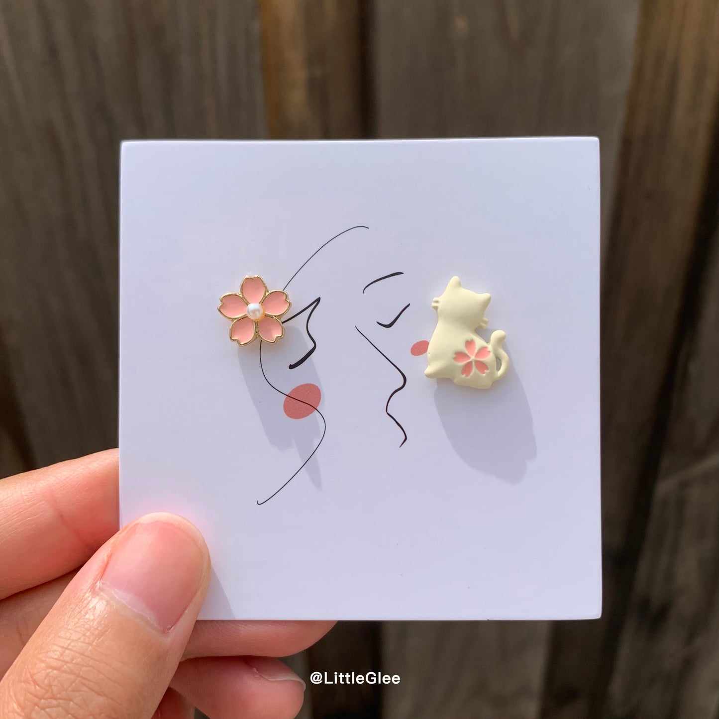 Asymmetric Pink 'Enamel Cat' & 'Metal Sakura' Earrings (S925)