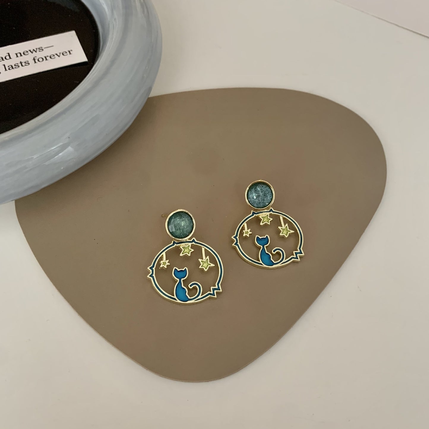 Blue Cat Starry Night Enamel Earrings (S925 Post)