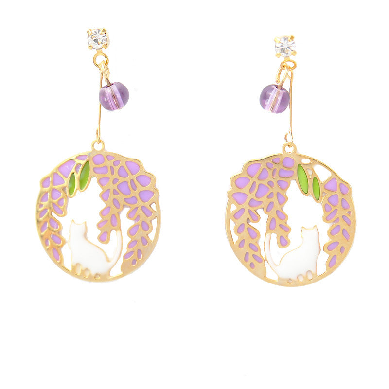 Wisteria Garden Cat Enamel Hand Painted Earrings (S925 Post)