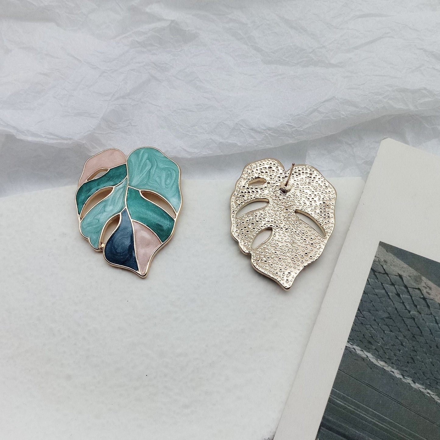 Variegated Monstera Enamel Leaf Drop Pendant Earrings (S925 Post) #Blue Pink