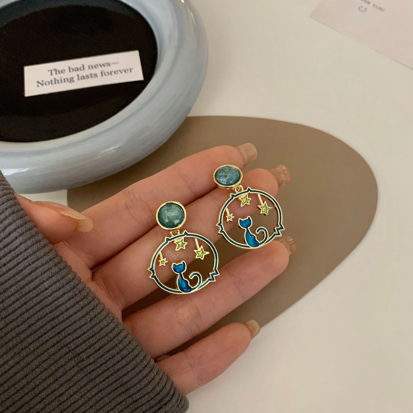 Blue Cat Starry Night Enamel Earrings (S925 Post)
