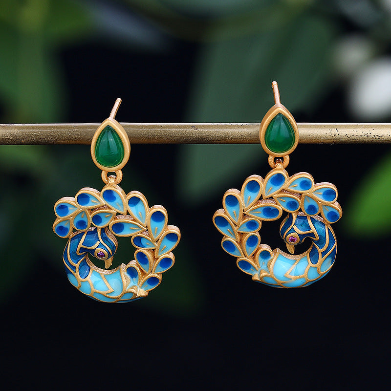 Asymmetric Vintage Peacock Hand Painted Enamel 4K Gold Covered Earrings (S925 Post)