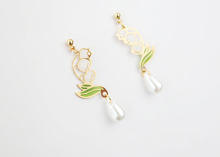 Lily Of The Valley Oil Glaze Hand Painted Enamel With Faux Pearl Earrings (S925 Post)