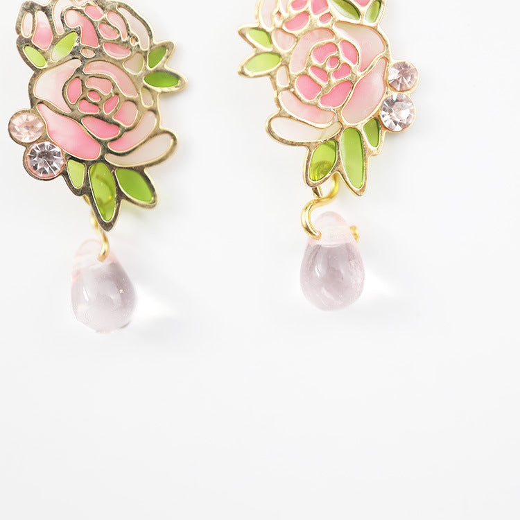 Asymmetric Elegant Engrave Pink Chinese Peony Enamel Resign Earrings (S925 Post)