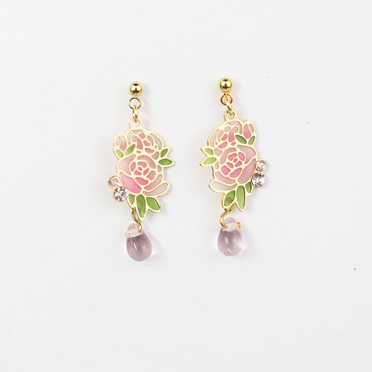 Asymmetric Elegant Engrave Pink Chinese Peony Enamel Resign Earrings (S925 Post)