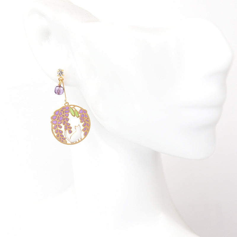 Wisteria Garden Cat Enamel Hand Painted Earrings (S925 Post)
