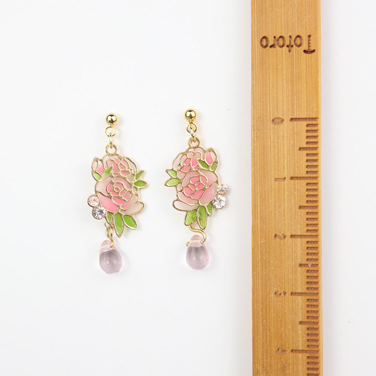 Asymmetric Elegant Engrave Pink Chinese Peony Enamel Resign Earrings (S925 Post)