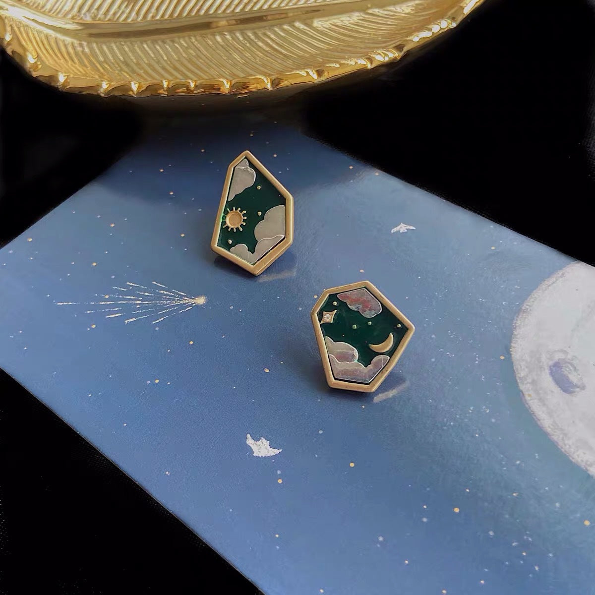 Asymmetric Vintage Geometry Sun Moon Sky Enamel With Faux Pearl Earrings (S925 Post)