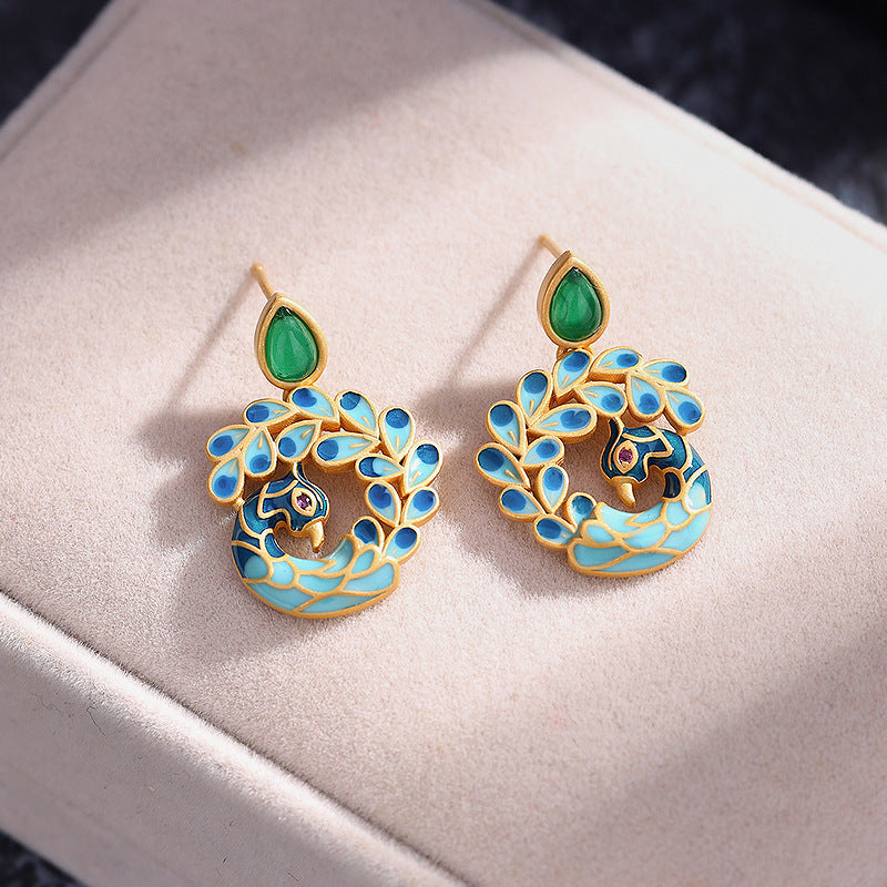 Asymmetric Vintage Peacock Hand Painted Enamel 4K Gold Covered Earrings (S925 Post)