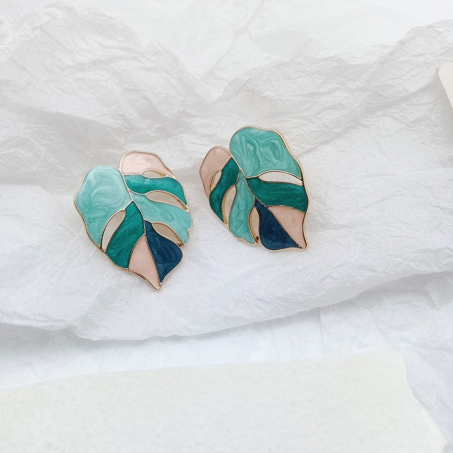 Variegated Monstera Enamel Leaf Drop Pendant Earrings (S925 Post) #Blue Pink