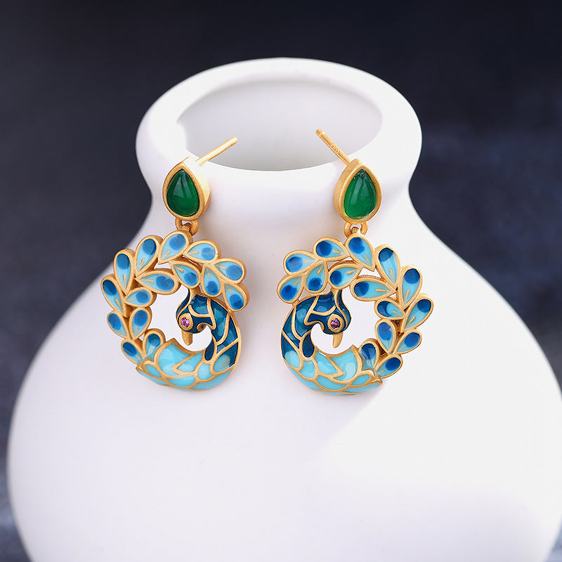 Asymmetric Vintage Peacock Hand Painted Enamel 4K Gold Covered Earrings (S925 Post)