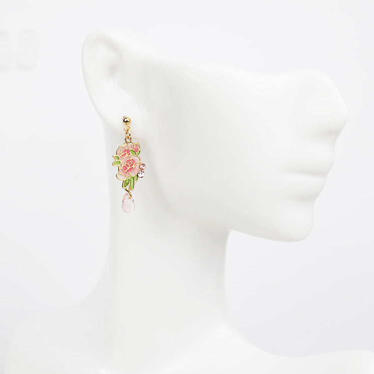 Asymmetric Elegant Engrave Pink Chinese Peony Enamel Resign Earrings (S925 Post)