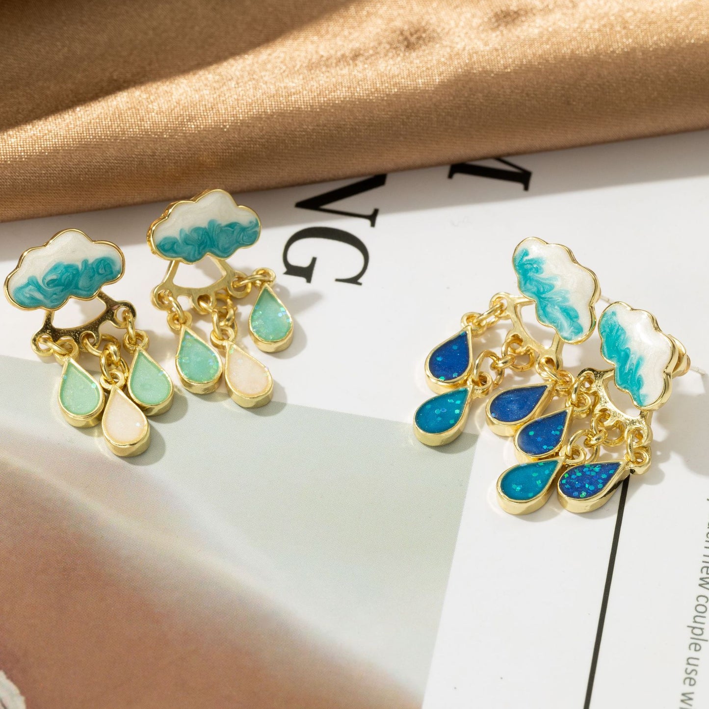 Oil Painted Cloud Raindrop Enamel 2 Ways to wear Earrings (S925 Post) #light blue Raindrops