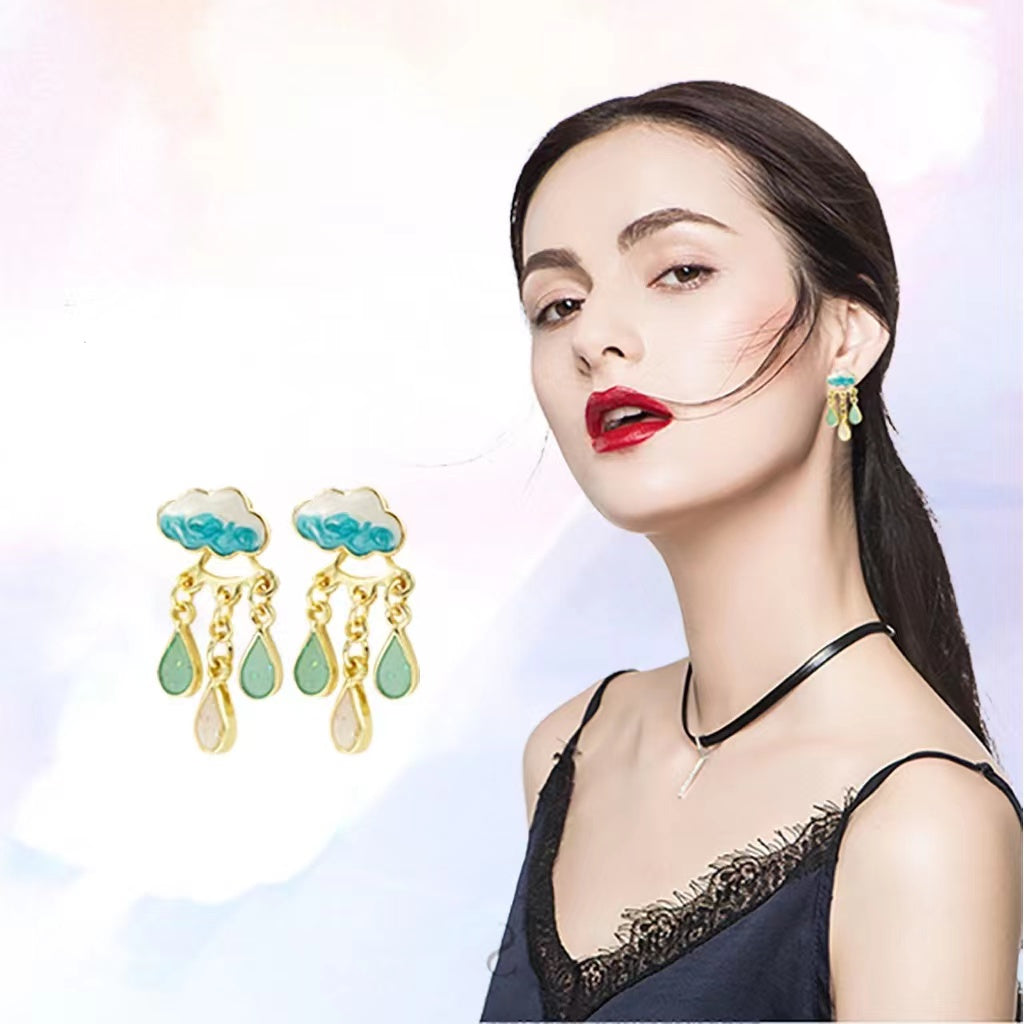 Oil Painted Cloud Raindrop Enamel 2 Ways to wear Earrings (S925 Post) #light blue Raindrops