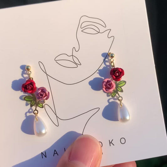 Purple Red Rose With Faux Pearl Earrings (S925 Post)