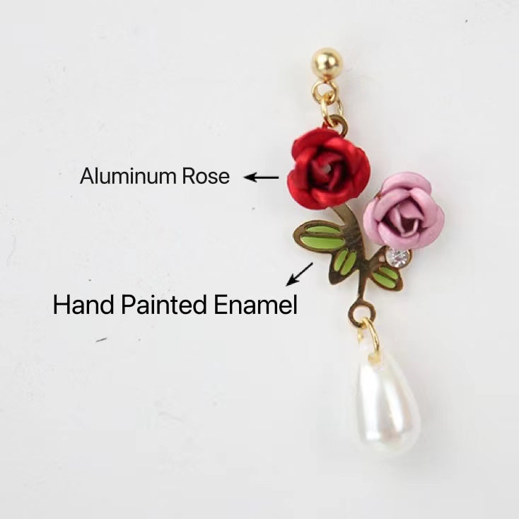 Purple Red Rose With Faux Pearl Earrings (S925 Post)