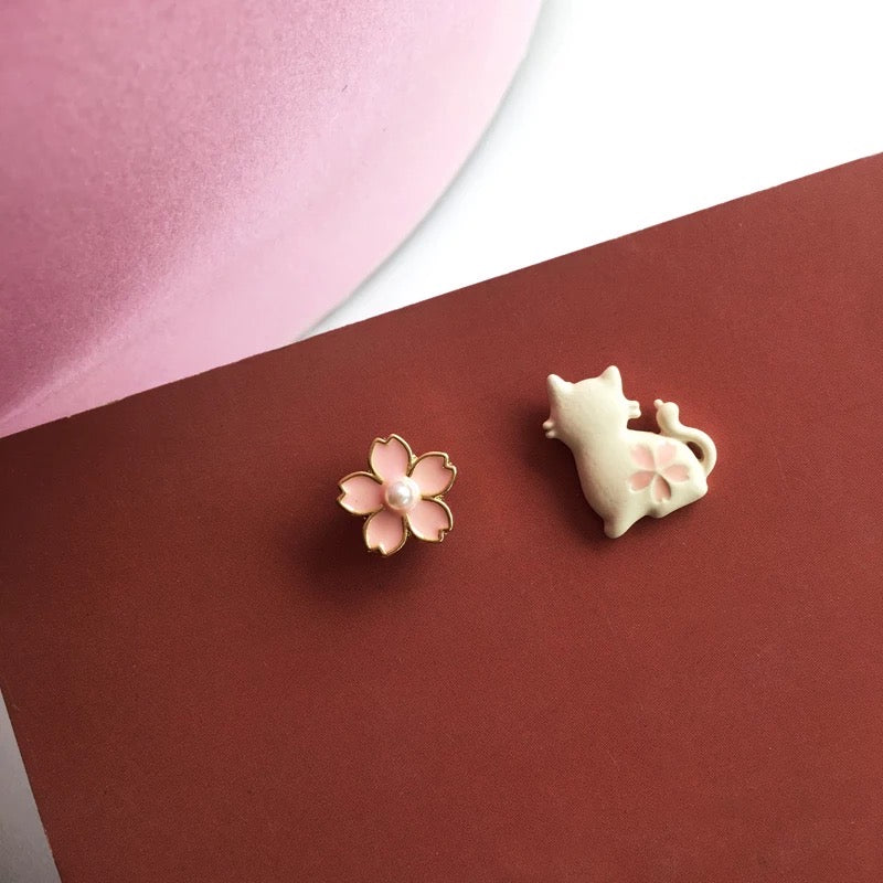 Asymmetric Pink 'Enamel Cat' & 'Metal Sakura' Earrings (S925)
