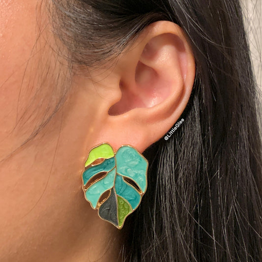 Asymmetric Variegated Monstera Enamel Leaf Drop Pendant Earrings #Green (Stainless steel post)