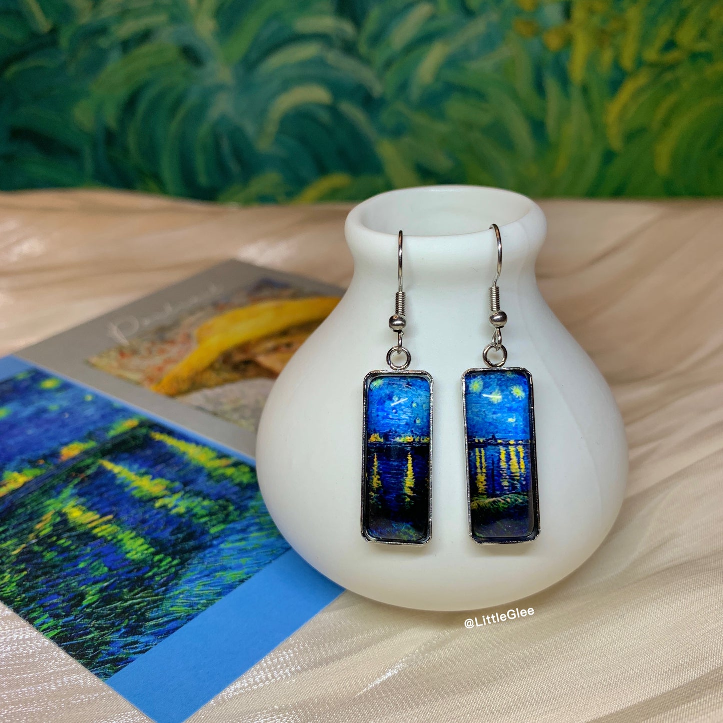 Van Gogh Starry Night Over the Rhone Curve Glass Earring (Stainless Steel Post)