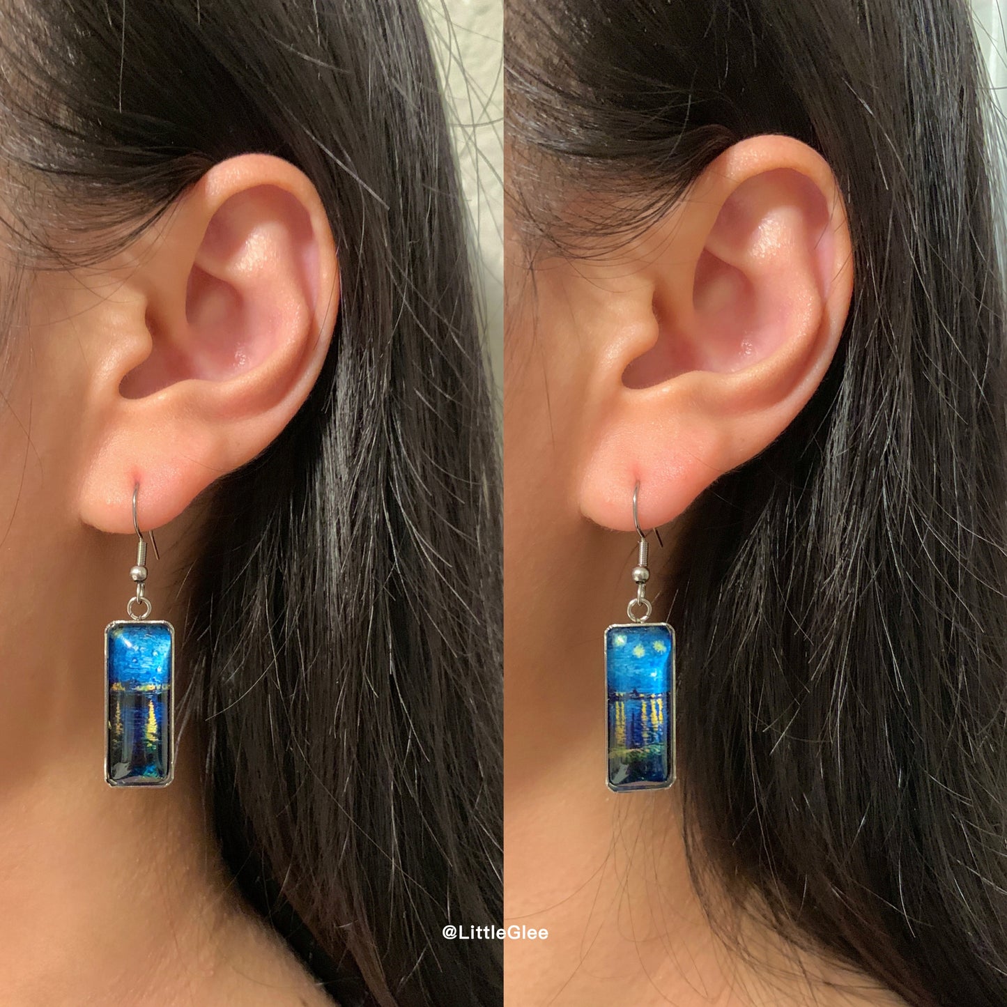Van Gogh Starry Night Over the Rhone Curve Glass Earring (Stainless Steel Post)