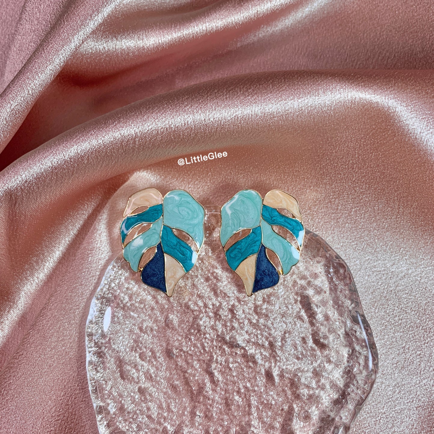 Variegated Monstera Enamel Leaf Drop Pendant Earrings (S925 Post) #Blue Pink