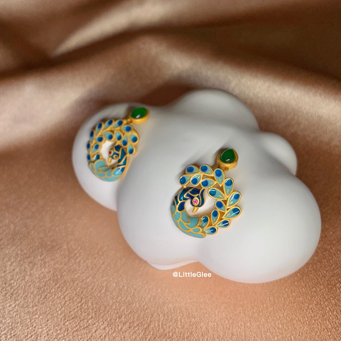 Asymmetric Vintage Peacock Hand Painted Enamel 4K Gold Covered Earrings (S925 Post)