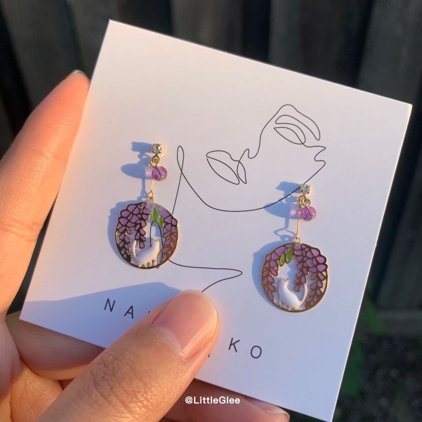 Wisteria Garden Cat Enamel Hand Painted Earrings (S925 Post)