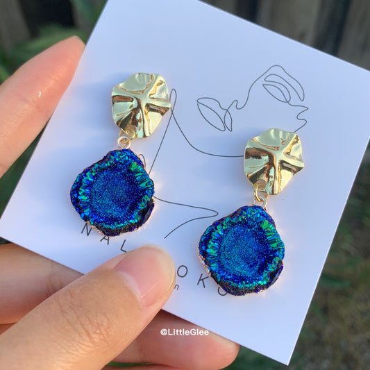 Vintage Gold Blue Green Imitation GemStone Geometry Irregular Earrings (S925 Post) #round