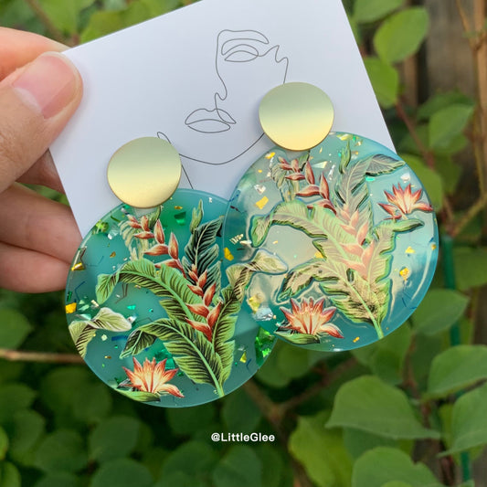 Huge False Birds of Paradise Rainforest Acrylic Emboss Earrings (Silver and Copper Nickel Post)