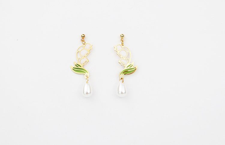 Lily Of The Valley Oil Glaze Hand Painted Enamel With Faux Pearl Earrings (S925 Post)